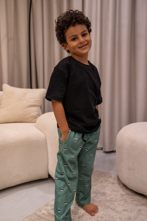 Boys summer pajama set Black t-shirt + Green Dog Pants